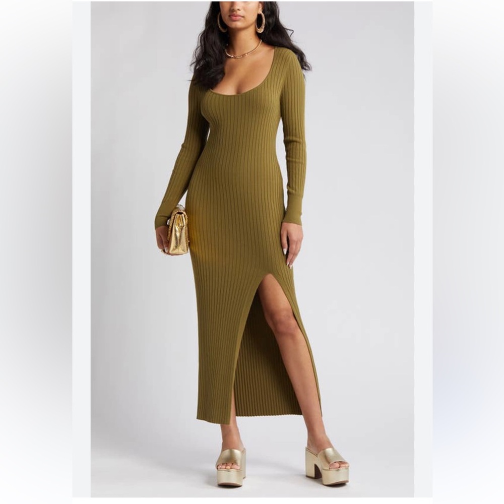 Open Edit Olive Green Scoop Neck Ribbed Side Slit Maxi Dress, Small